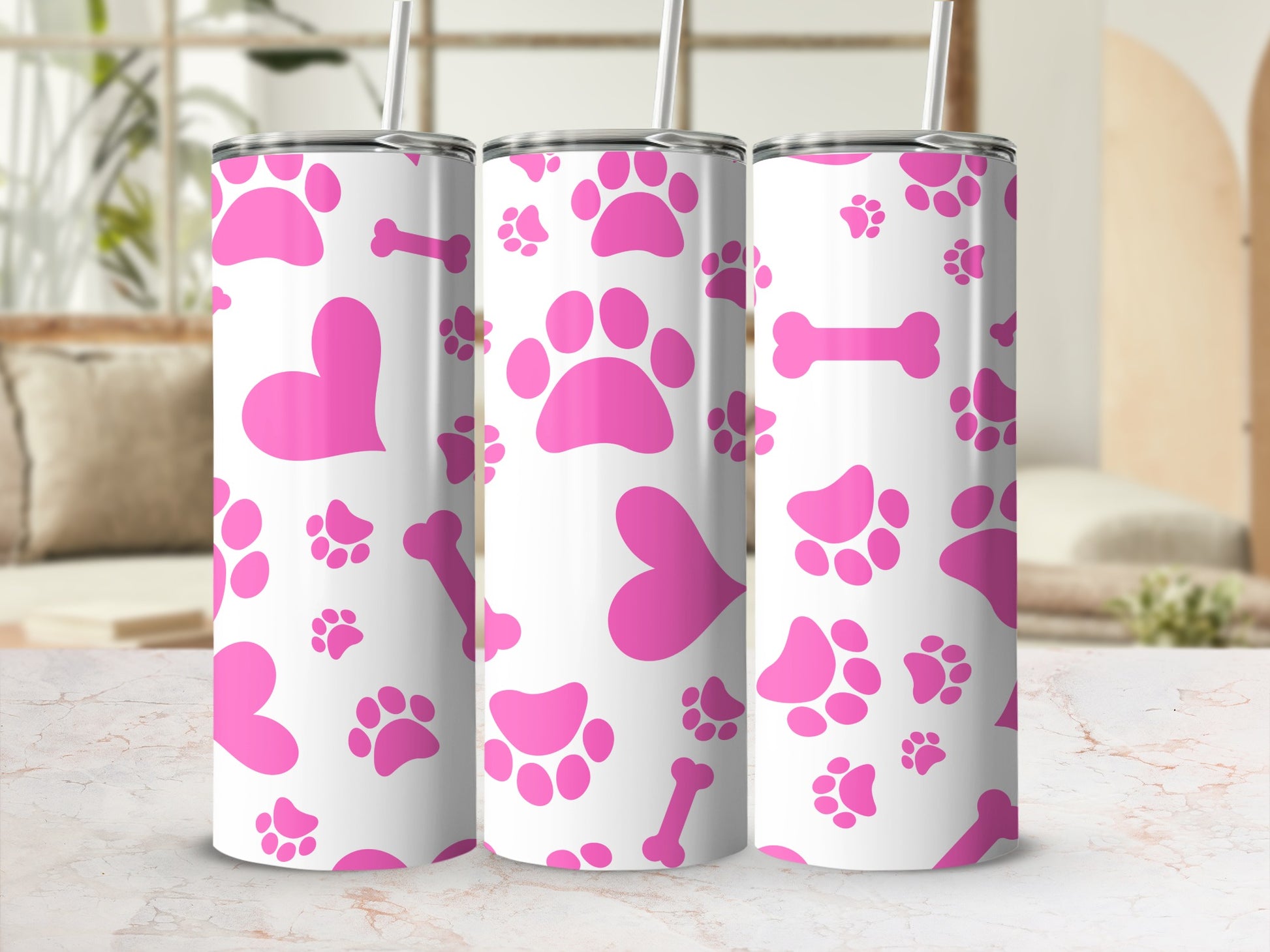 Pink Paw Prints Hearts and Bones Design Tumbler