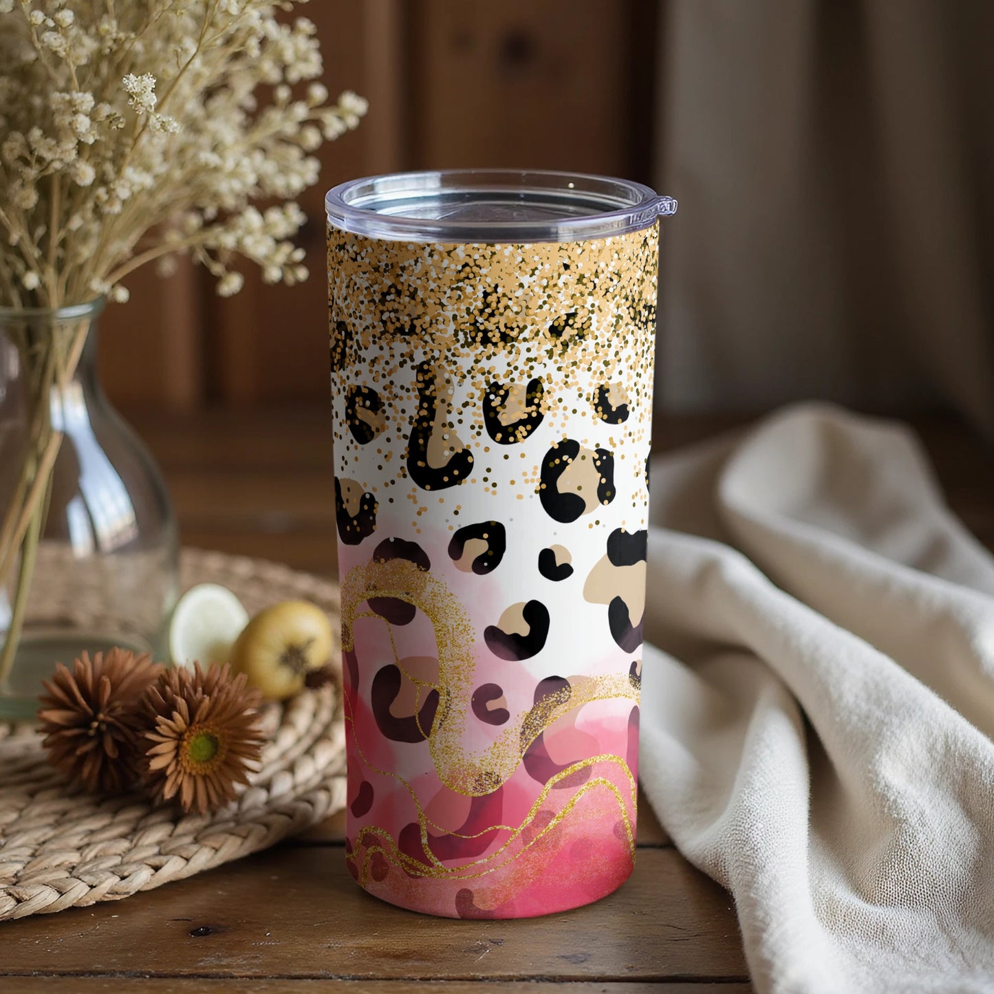 Glitter Leopard and Pink Gradient Travel Mug