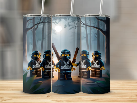Five Lego ninjago characters with katanas stand in a forest at night.