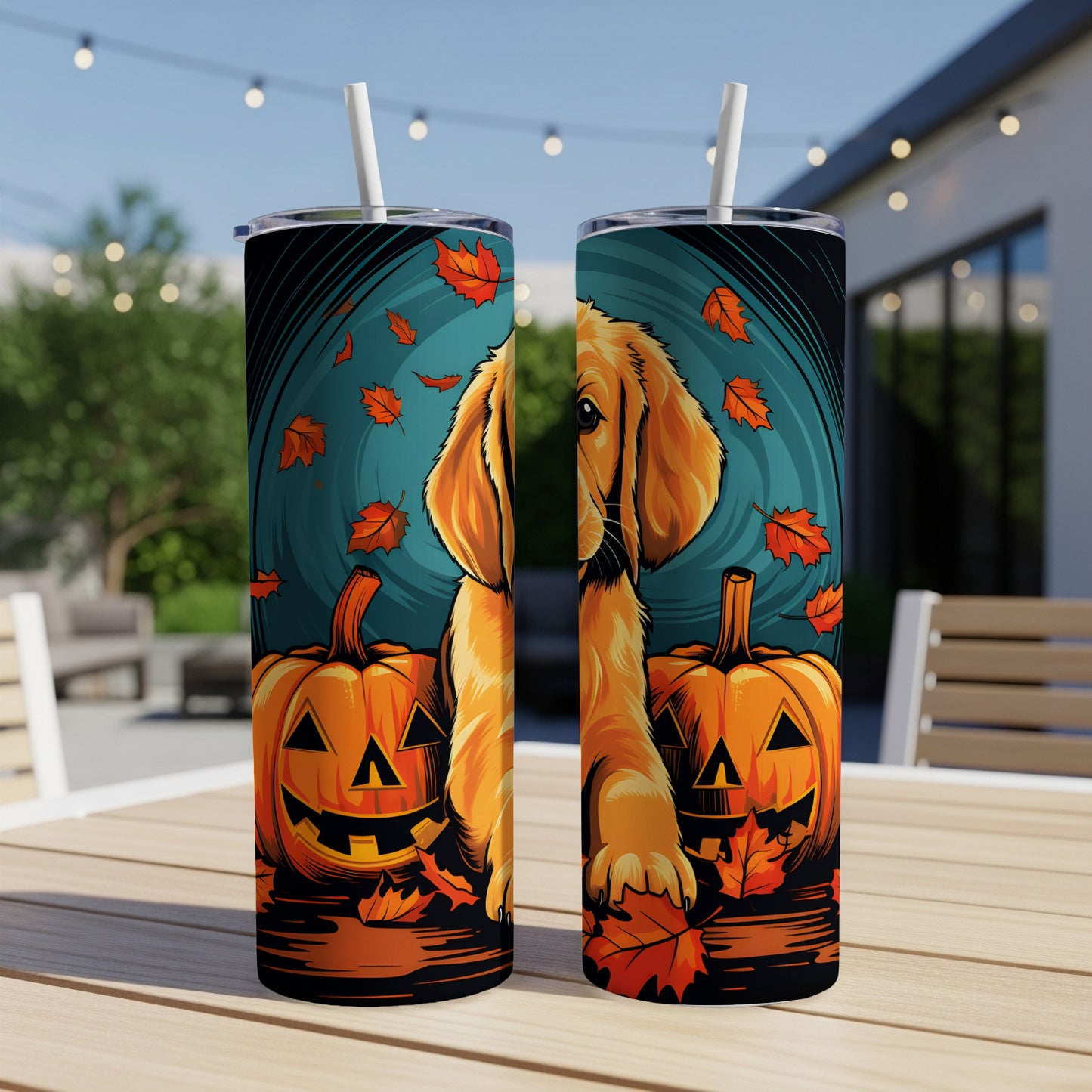 Two tumblers with a Golden Retriever and jack-o'-lantern Halloween design.