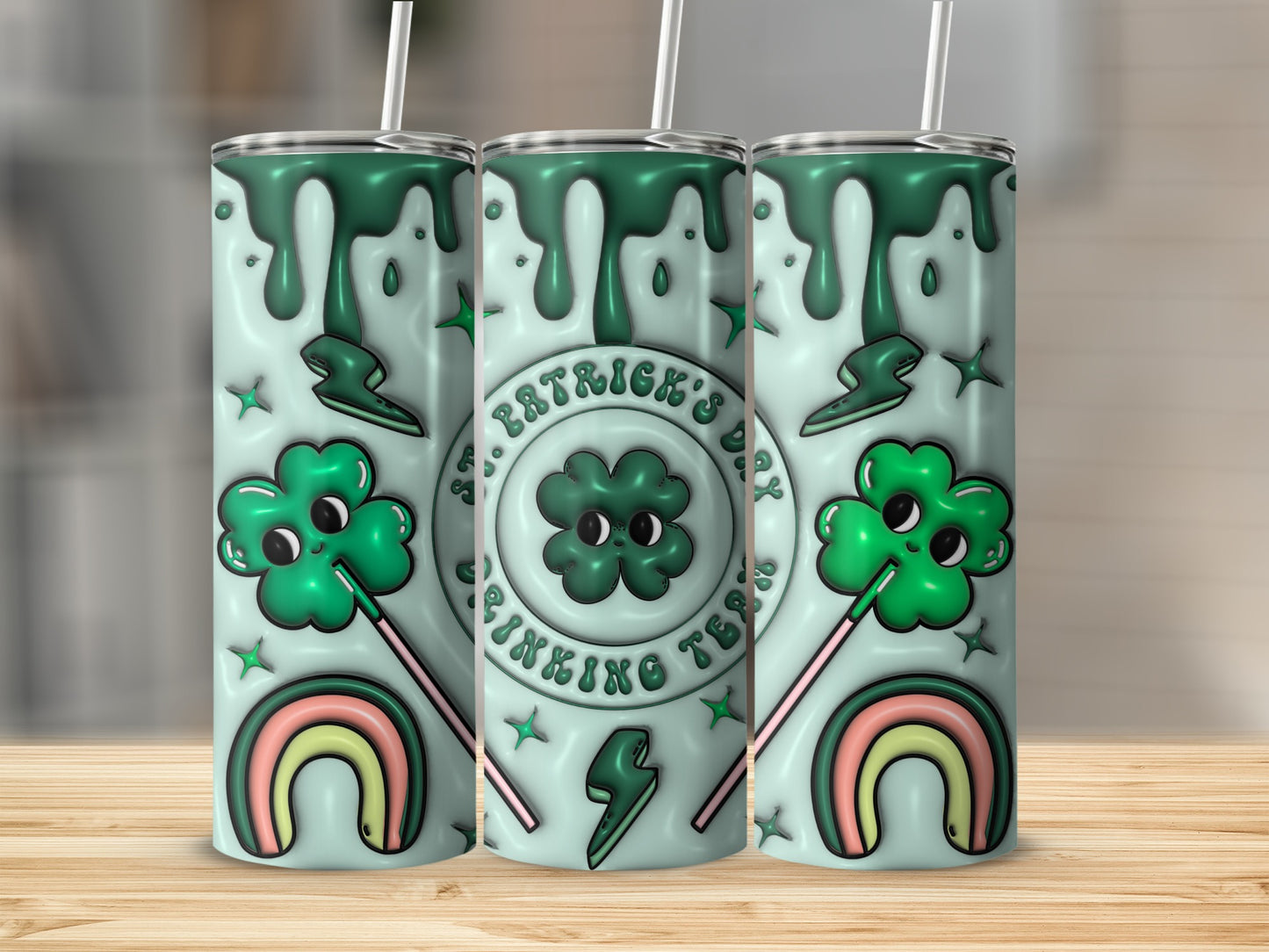 St. Patrick's Day tumbler with shamrocks, rainbows, and lightning bolts.