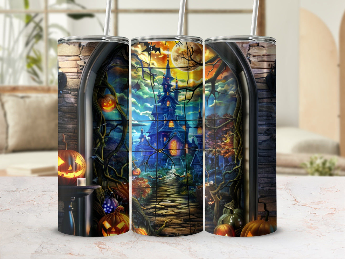 Haunted castle with pumpkins and bats through a gothic archway.