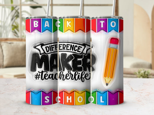 Tumbler with "DIFFERENCE MAKER #teacherlife" and colorful banners.