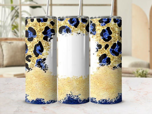 Three tall tumblers with a gold glitter and leopard print design.