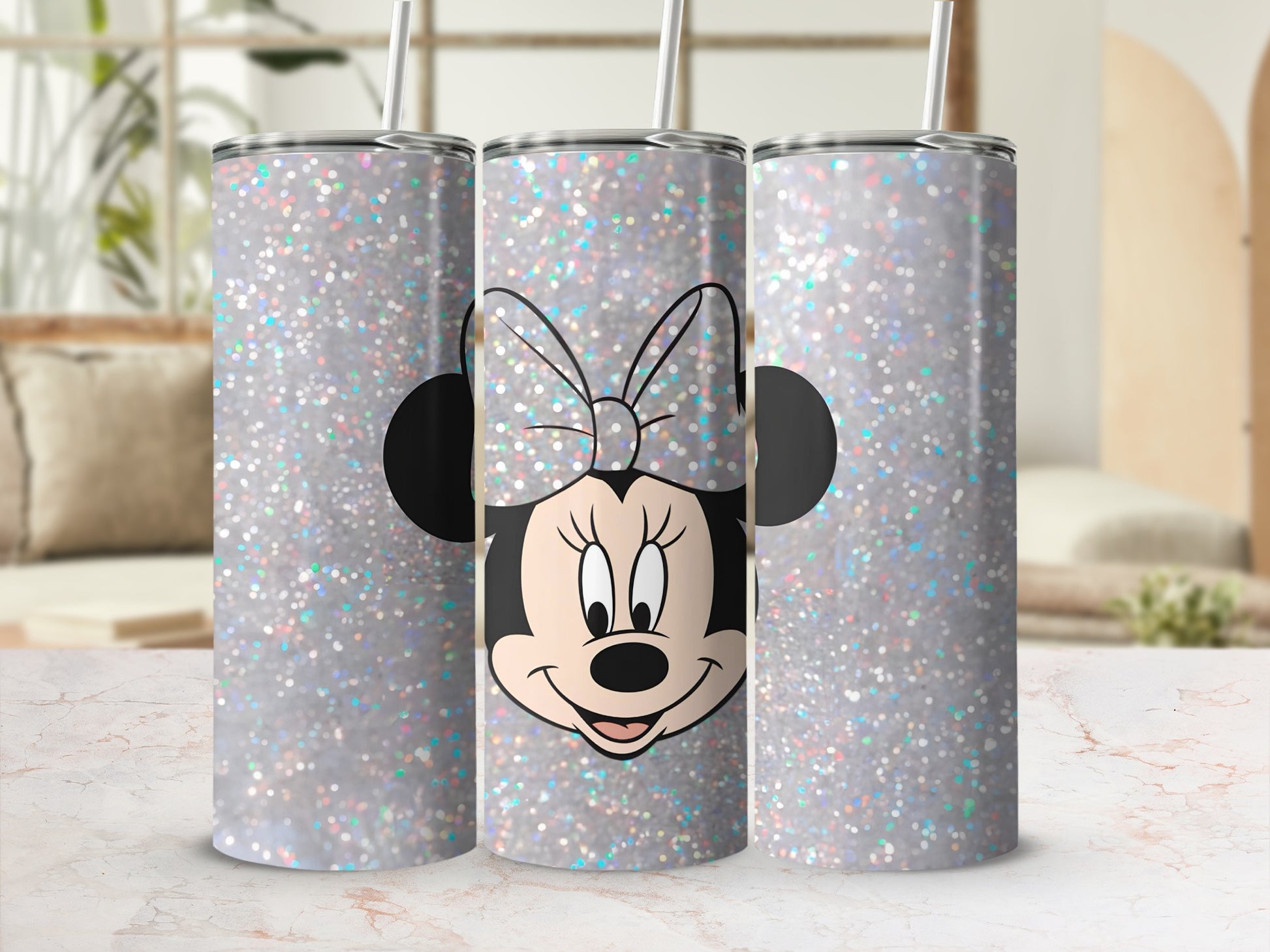 Glitter Minnie Mouse Tumbler with Silver Sparkle Design