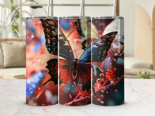 Three tumblers featuring iridescent blue and black butterflies on a blurred floral background.