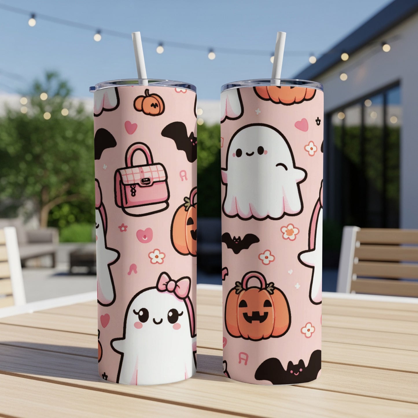 Pink tumblers with cute ghosts, bats, pumpkins, and purses with straws.