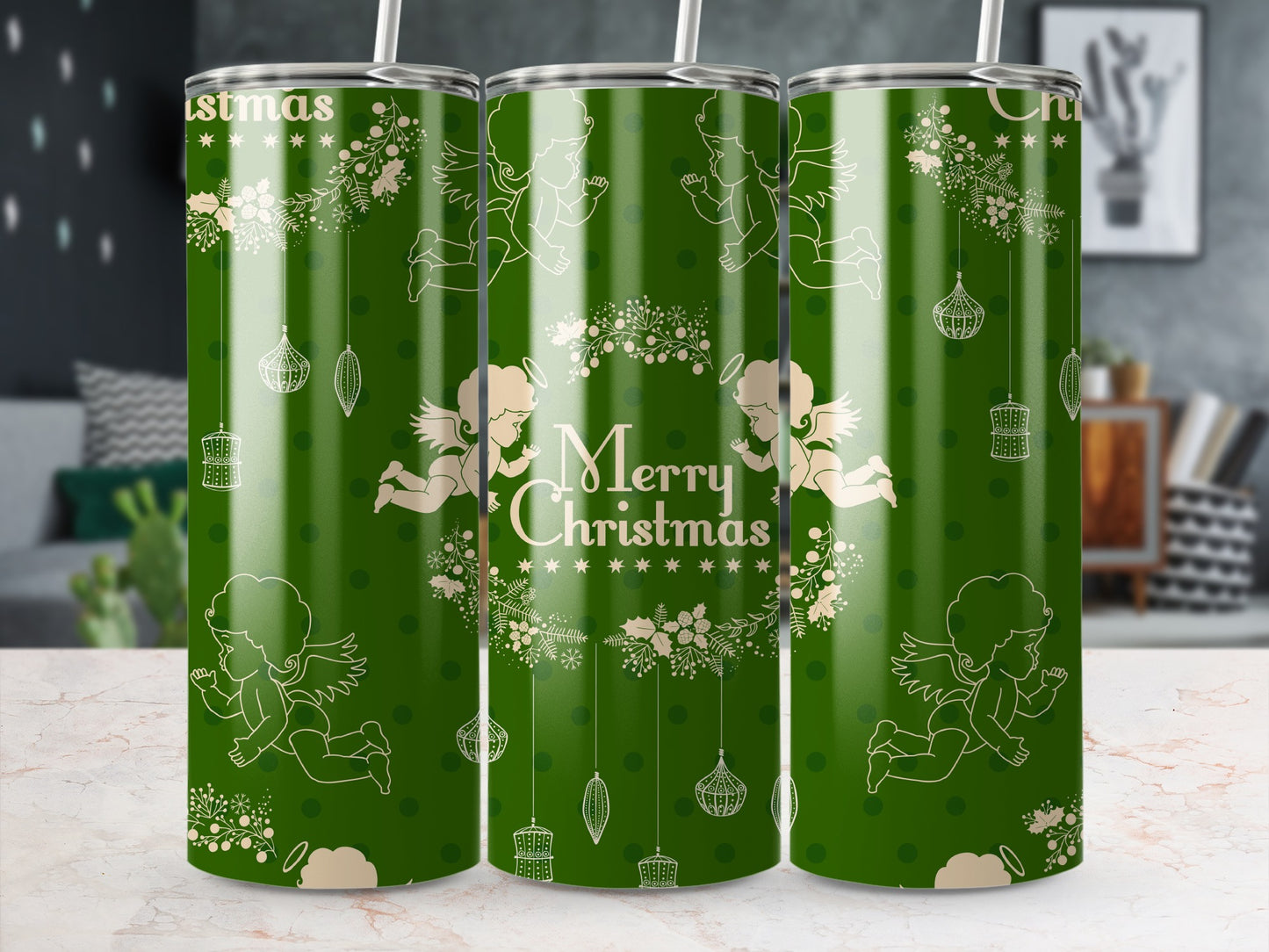 Green tumbler with angels and "Merry Christmas" text, suitable for gifting.