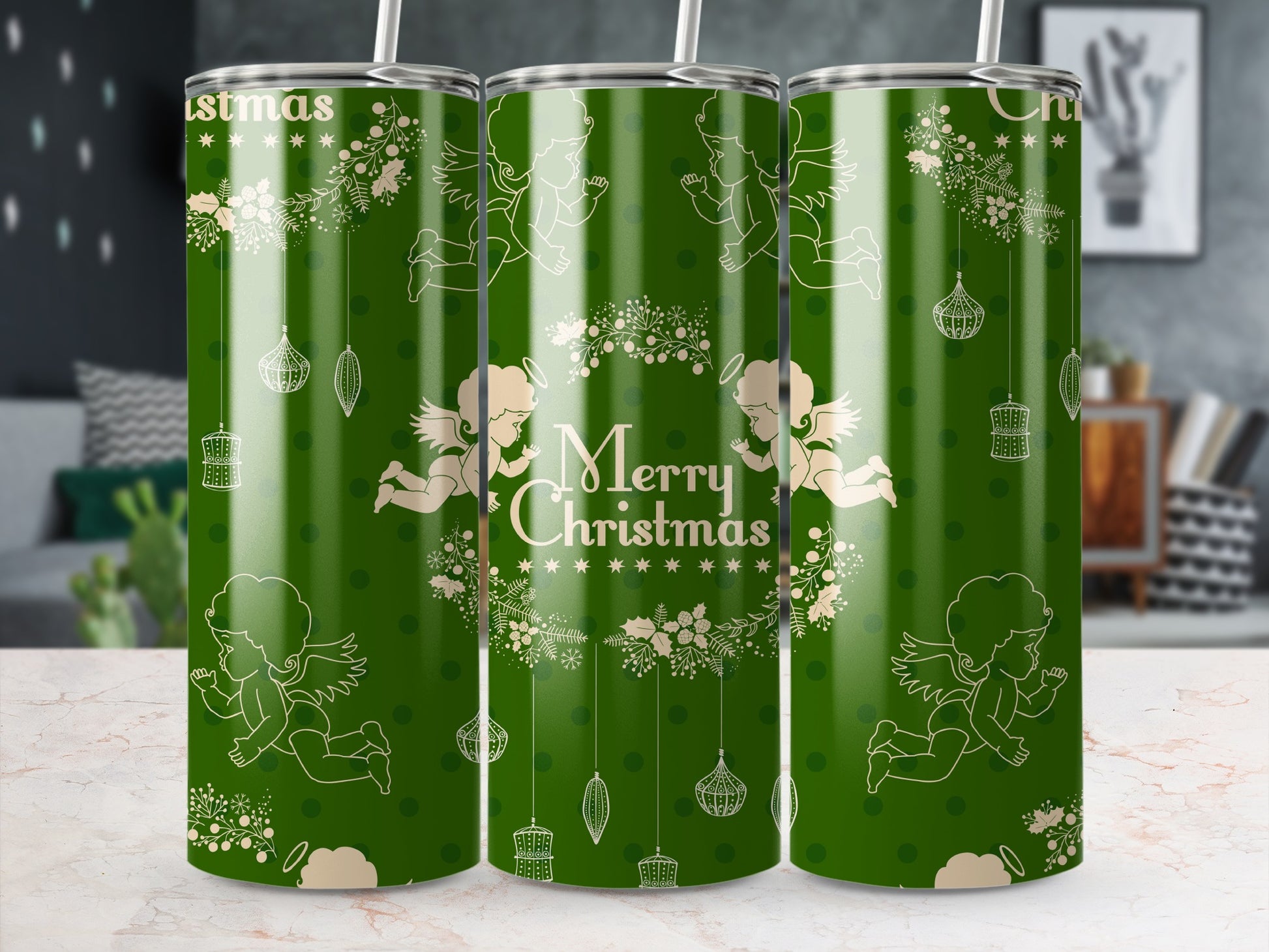 Green tumbler with angels and "Merry Christmas" text, suitable for gifting.