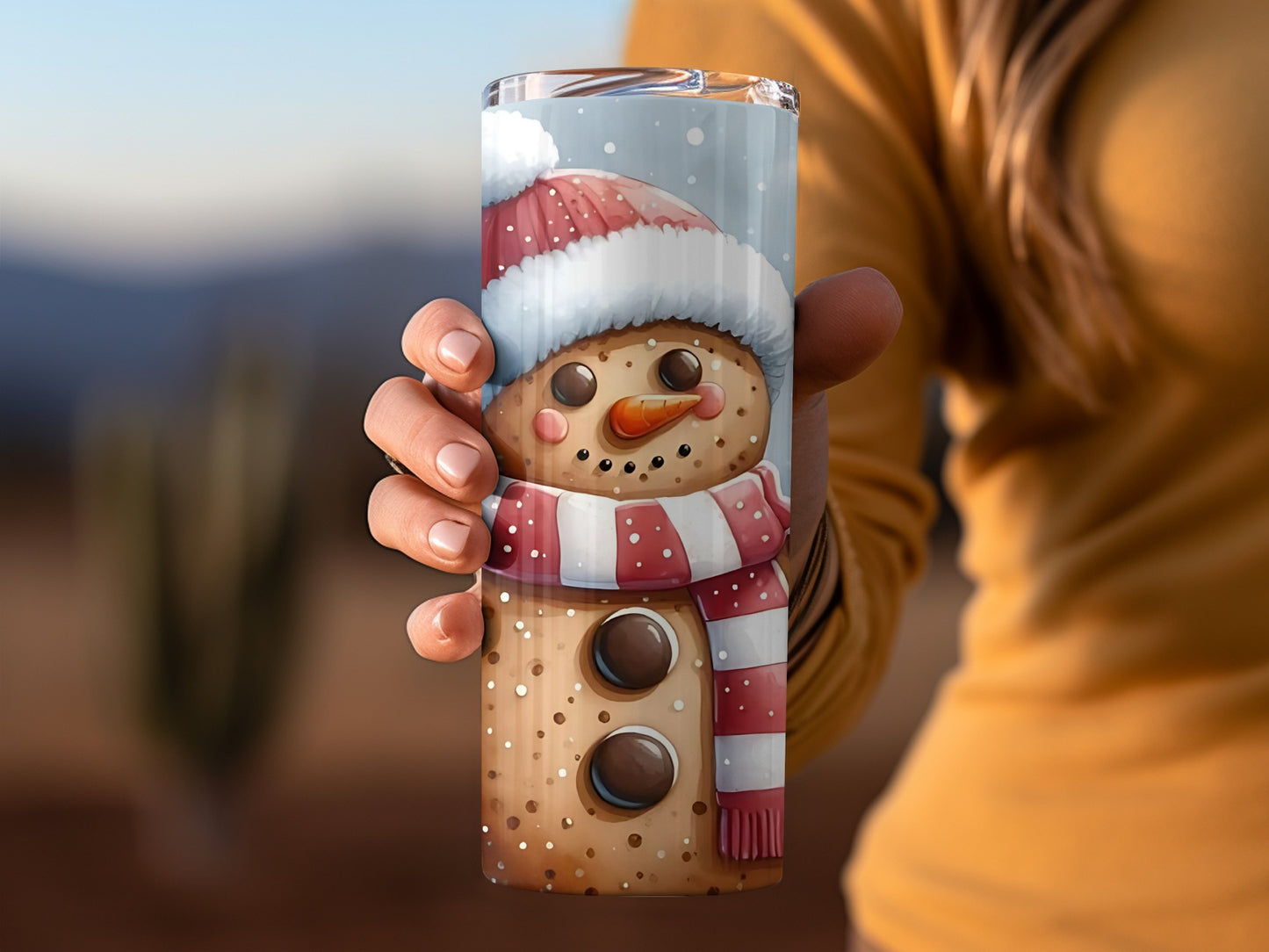 Festive Snowman Tumbler with Santa Hat and Scarf