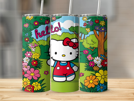 Hello Kitty in a red outfit, smiling among colorful flowers and trees.