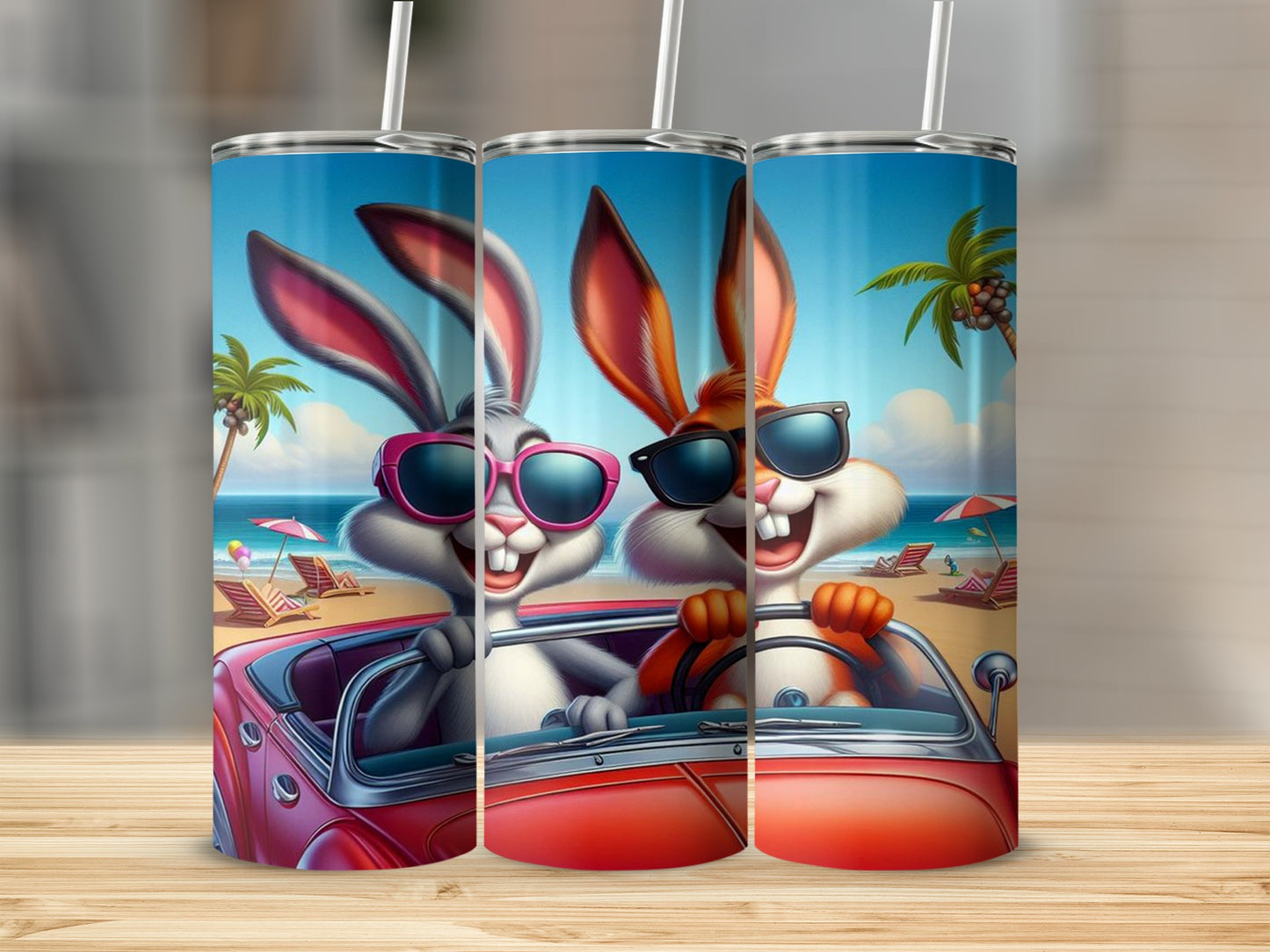 Funny Bunny Driving at Beach Scene Tumbler