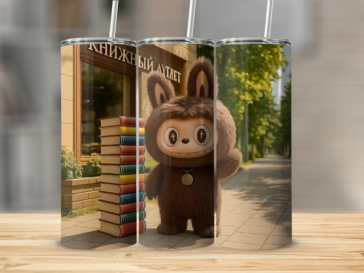 Cute Furry Character Design Tumbler with Book Stack