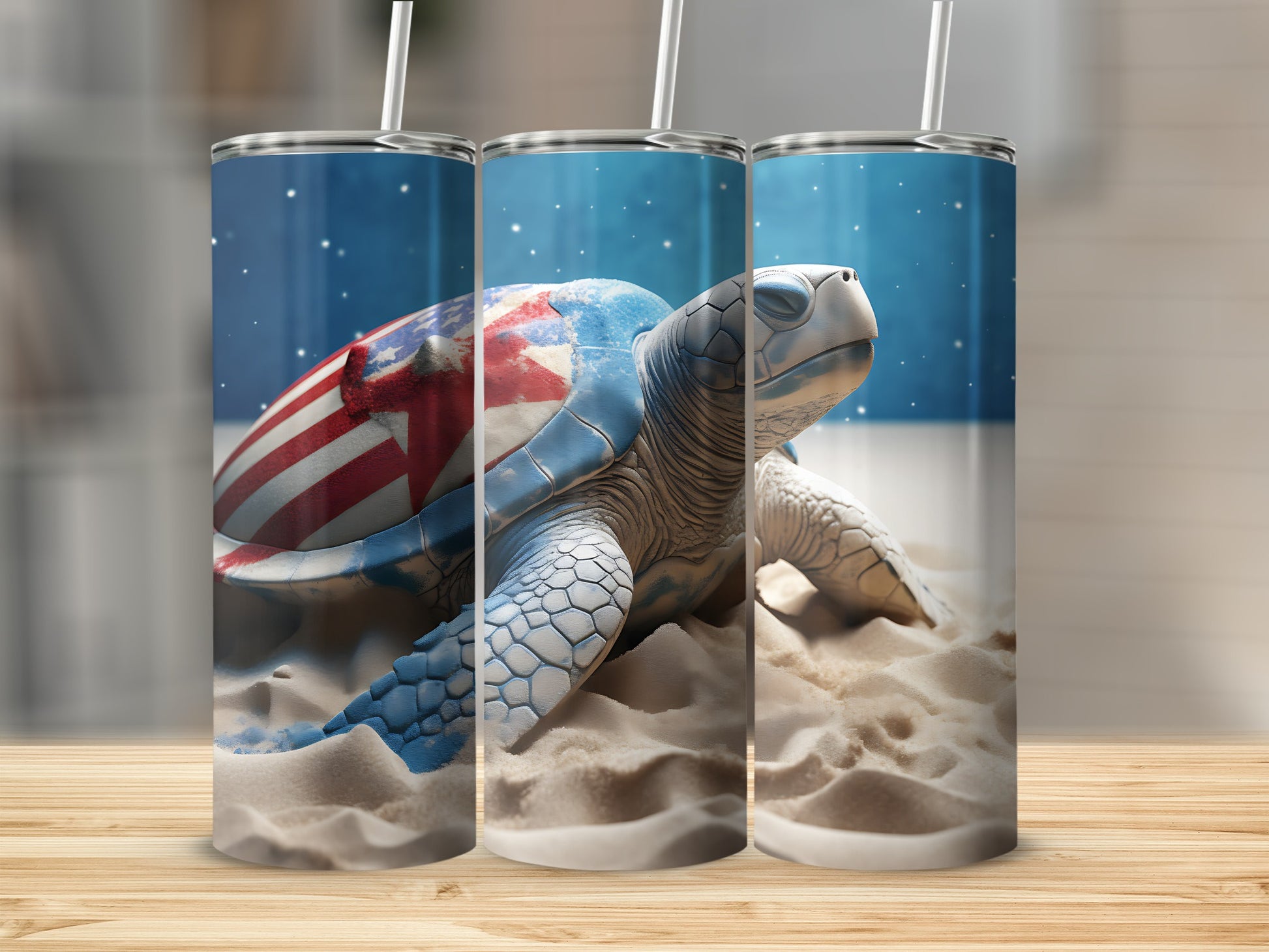 Turtle with American flag design on sand with stars background.