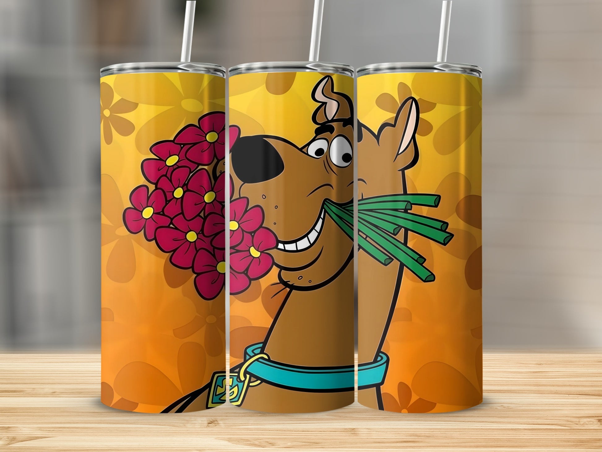 Scooby-Doo holding a bouquet of pink flowers and green grass in his mouth.