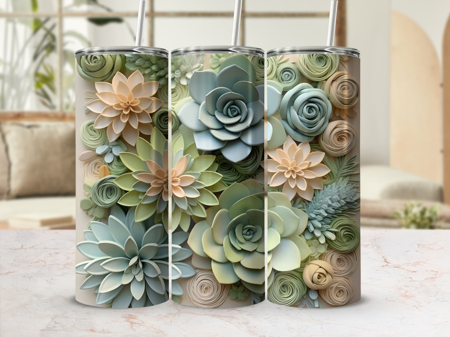 Succulent Flower Design Insulated Tumbler Cups Set