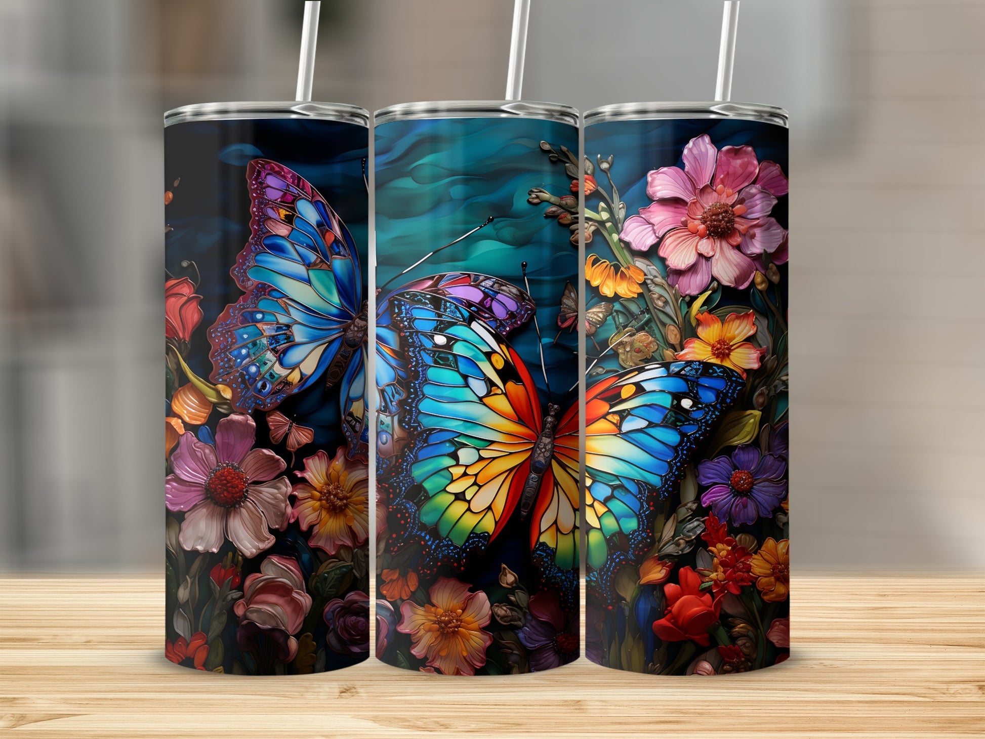 Vibrant Butterfly and Flower Print Travel Mug