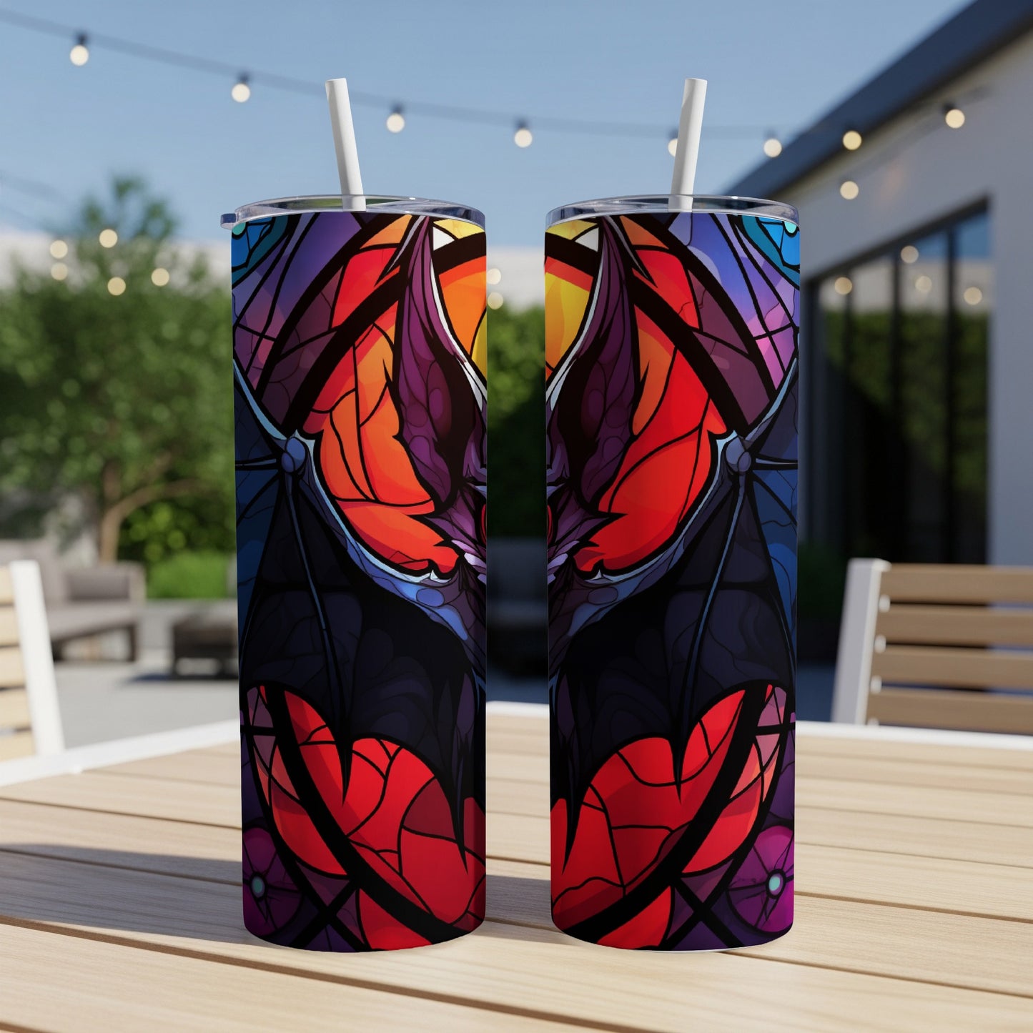 Two tumblers with a stained-glass bat and heart design.