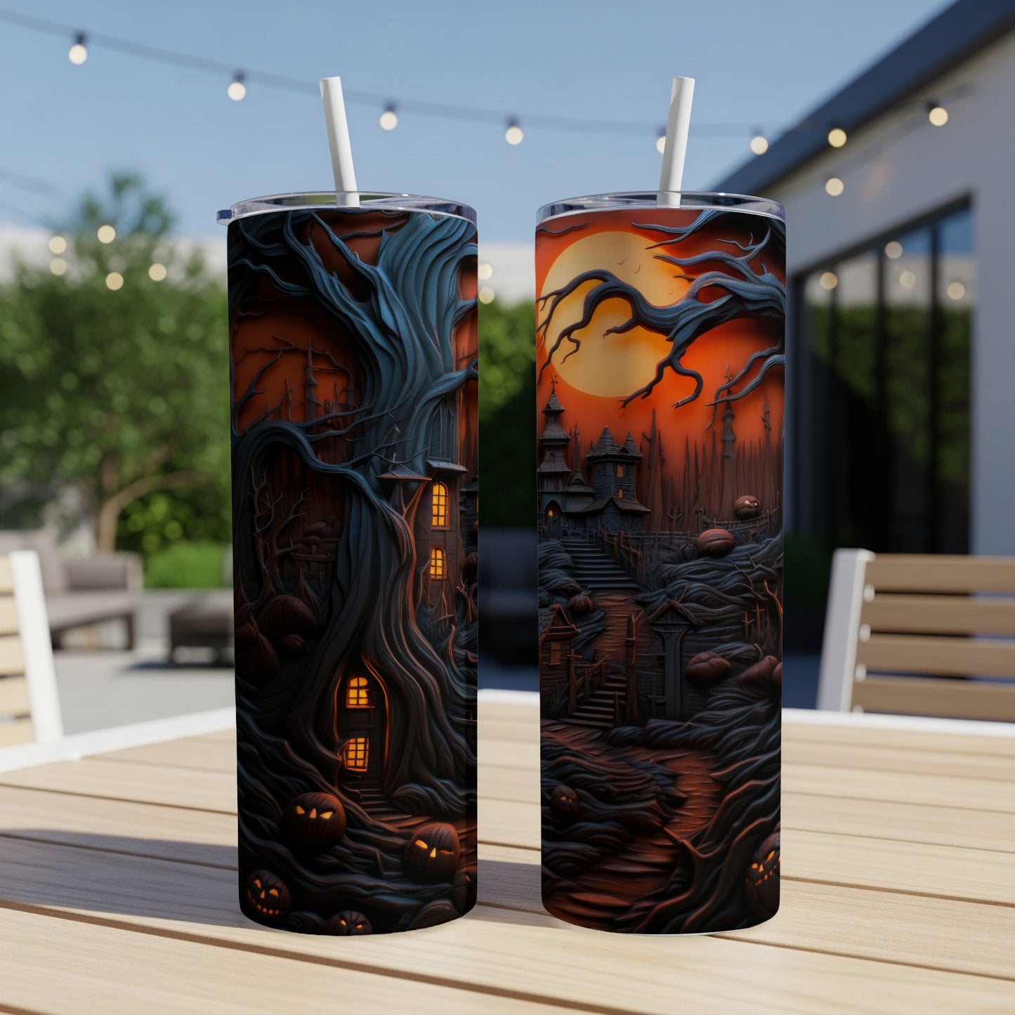 Two tumblers with a spooky haunted forest and castle Halloween design.