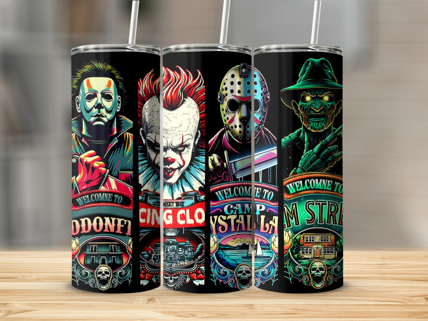 Horror movie characters on tumblers: Michael Myers, Pennywise, Jason Voorhees, Freddy Krueger.
