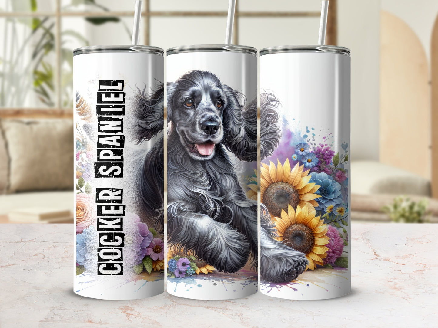 Black cocker spaniel on tumbler with sunflowers and floral accents.