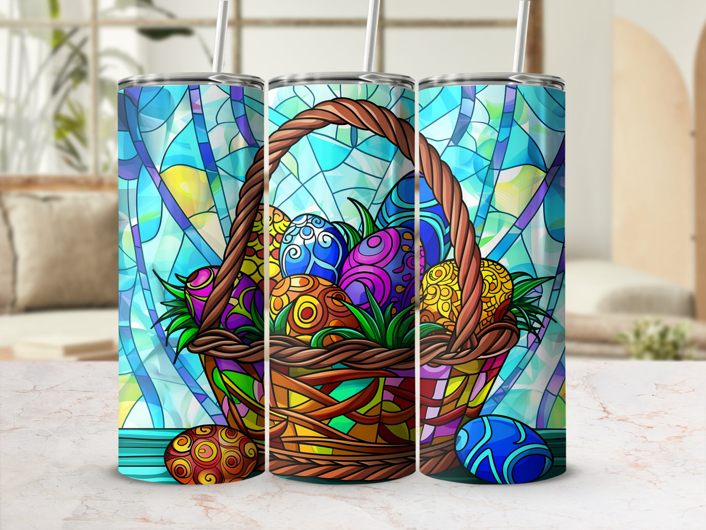 Easter basket filled with colorful, patterned eggs against a stained-glass background.