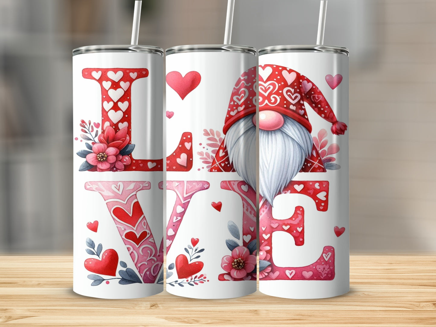 Three tumblers with "LOVE" text, hearts, and a gnome design.