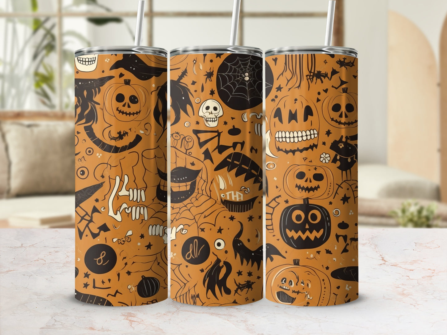 Orange tumblers with Halloween designs of pumpkins, skulls, bats, and spiders.