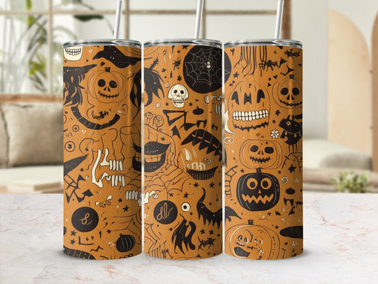 Orange tumblers with Halloween designs of pumpkins, skulls, bats, and spiders.