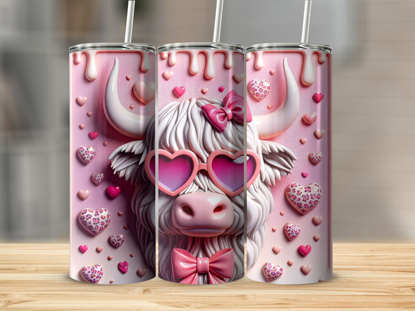 Pink Highland cow wearing heart sunglasses and bow tie on tumbler.