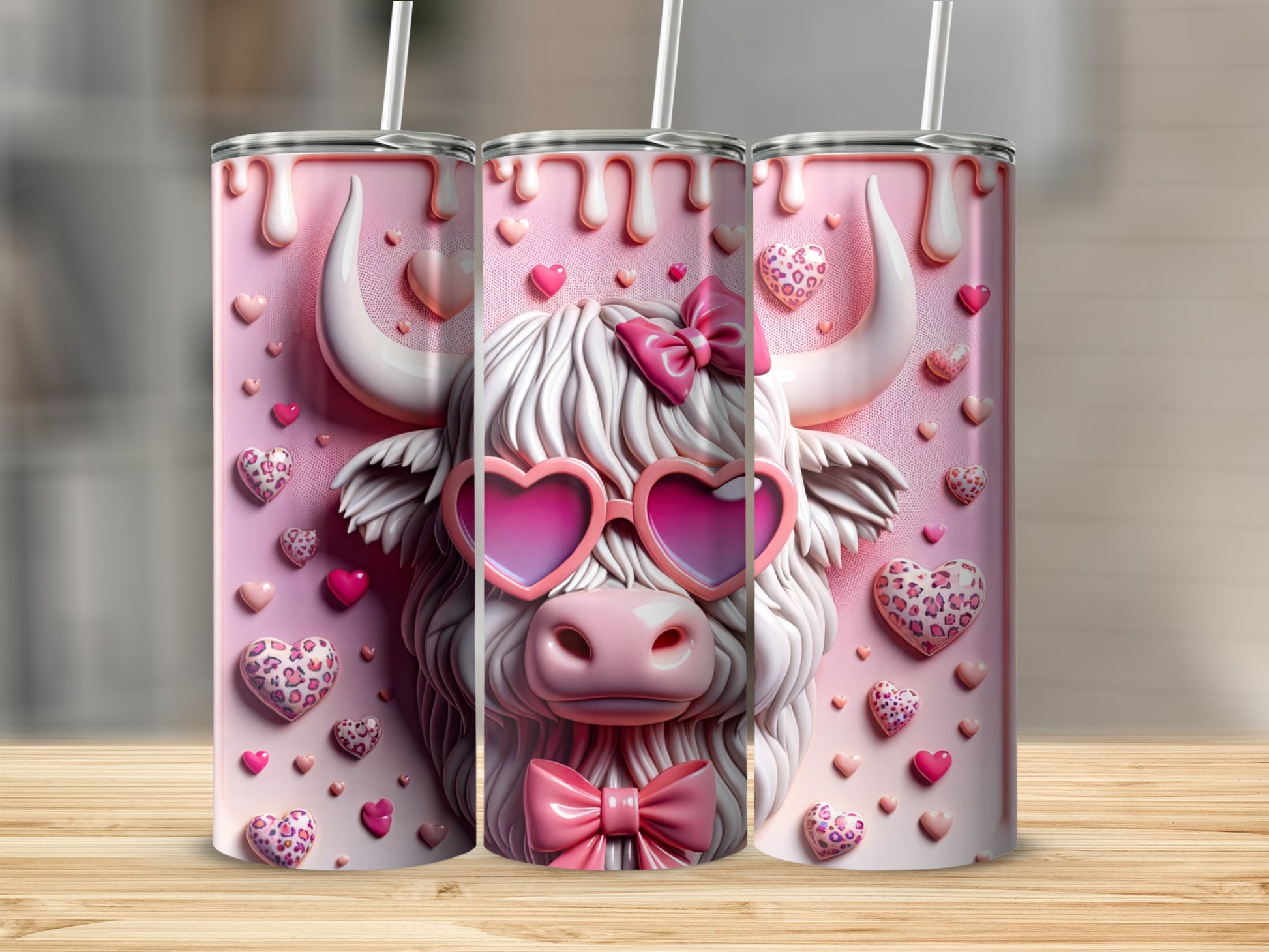 Pink Highland cow wearing heart sunglasses and bow tie on tumbler.