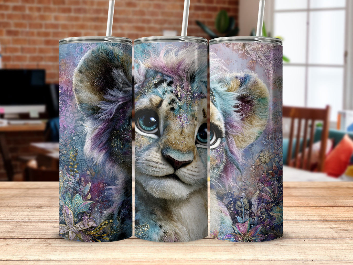 Cute Colorful Lion Cub Art on Beverage Tumbler Product