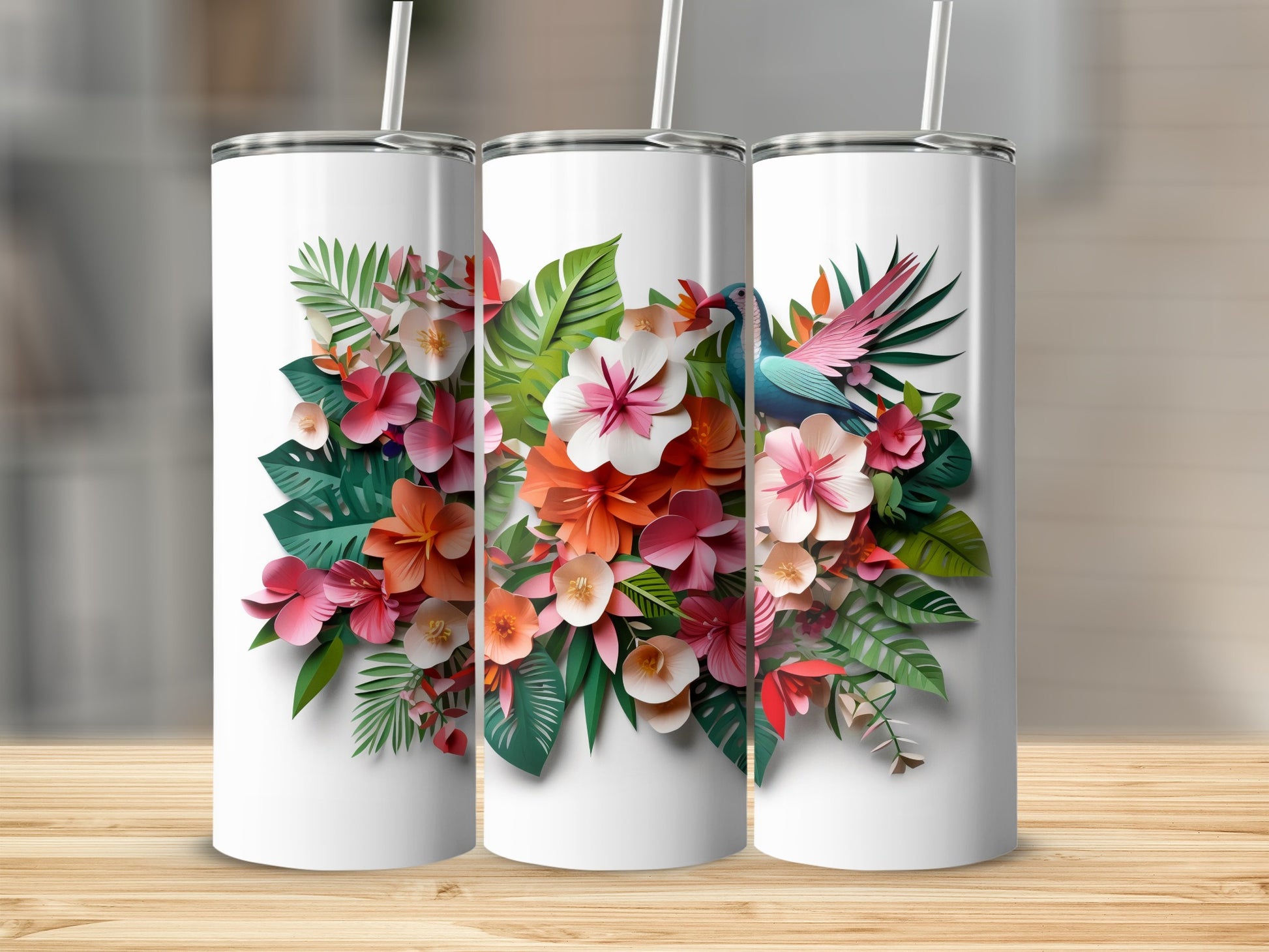 Floral Hummingbird Design Stainless Steel Tumbler