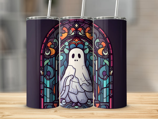 Ghost in stained glass pattern on a purple tumbler.
