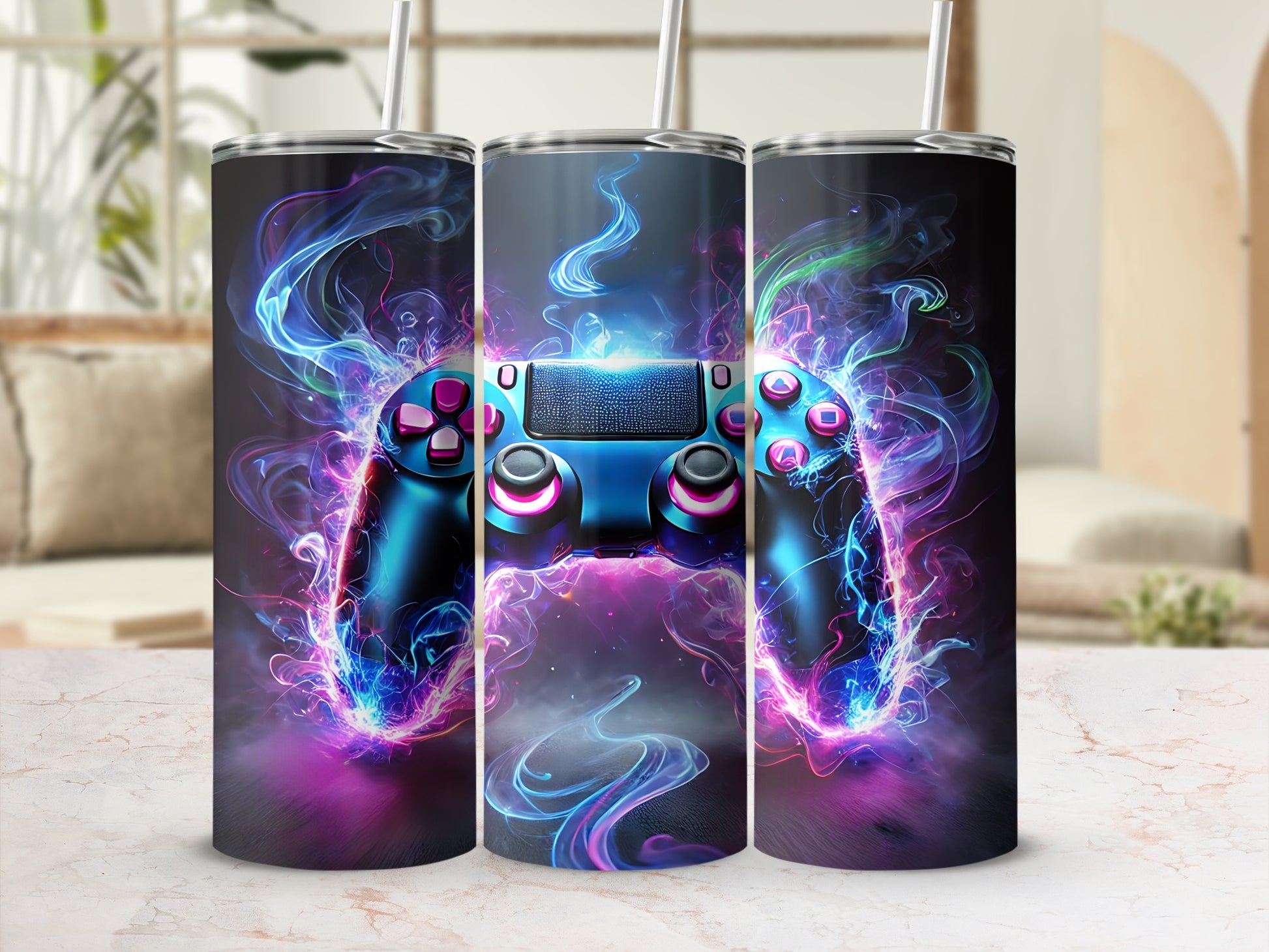Video game controller with colorful glowing smoke and abstract design.