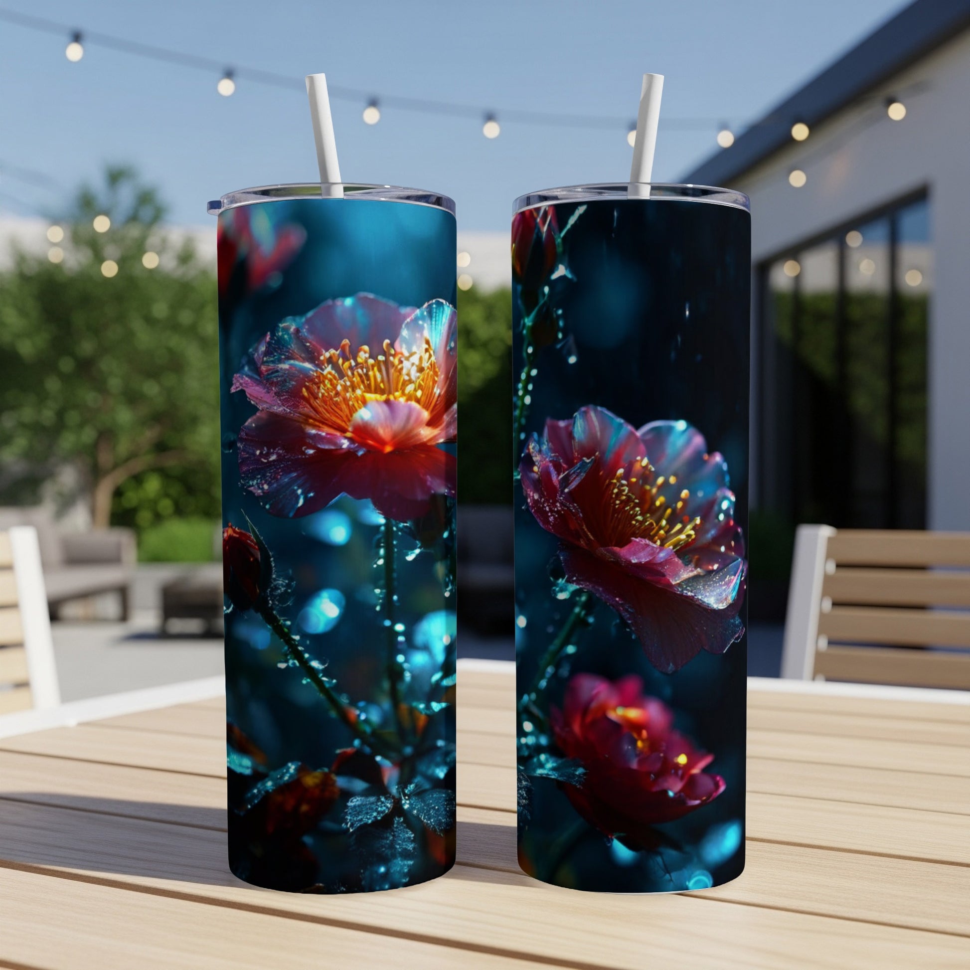 Two tumblers with close-up red and pink flowers and water droplets.