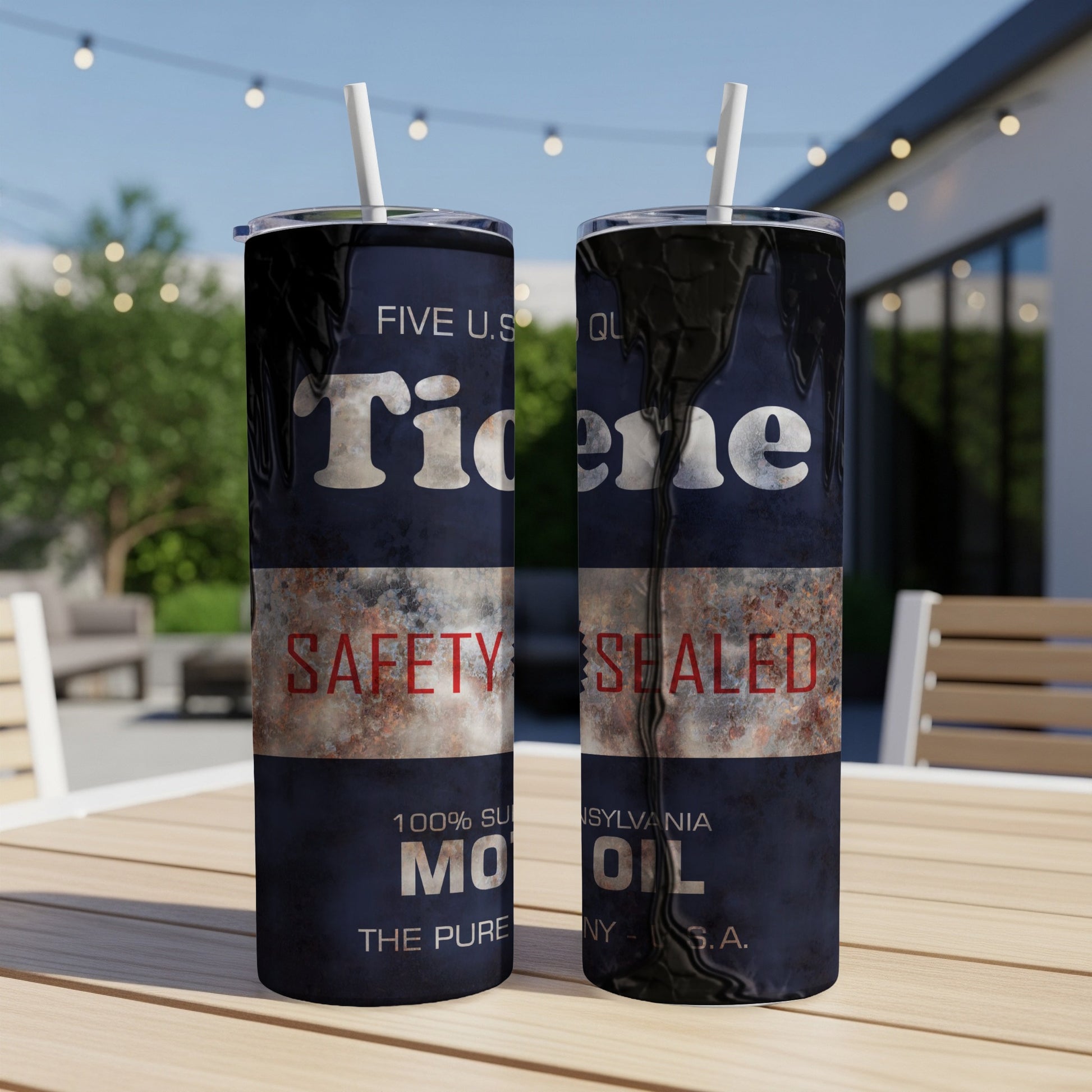 Tidene Safety Sealed Motor Oil tumbler with rust accents and "The Pure" text.