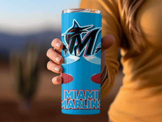 Miami Marlins Helmets Design On Blue Background Tumblers