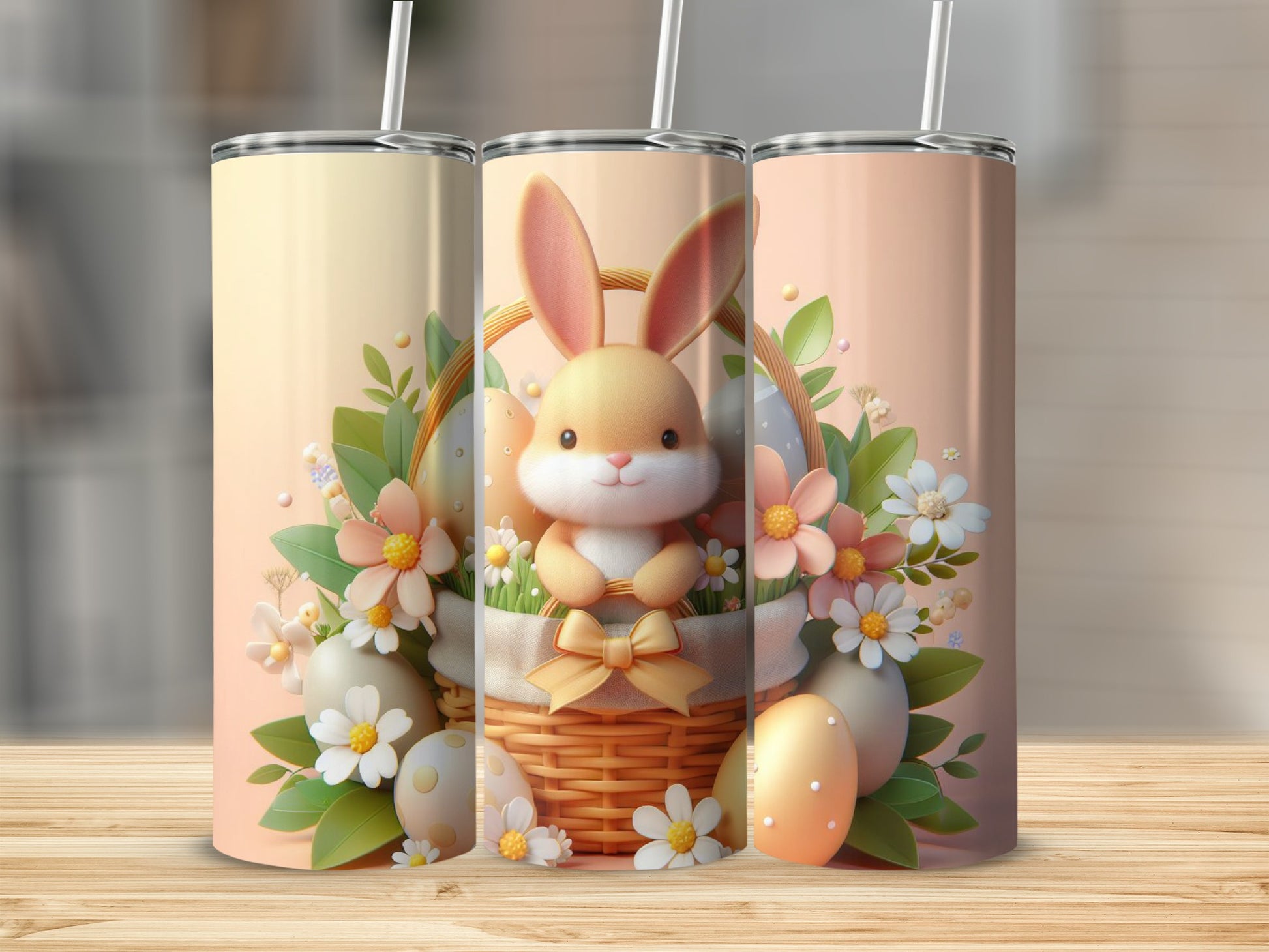 Easter bunny in a basket with eggs and flowers.