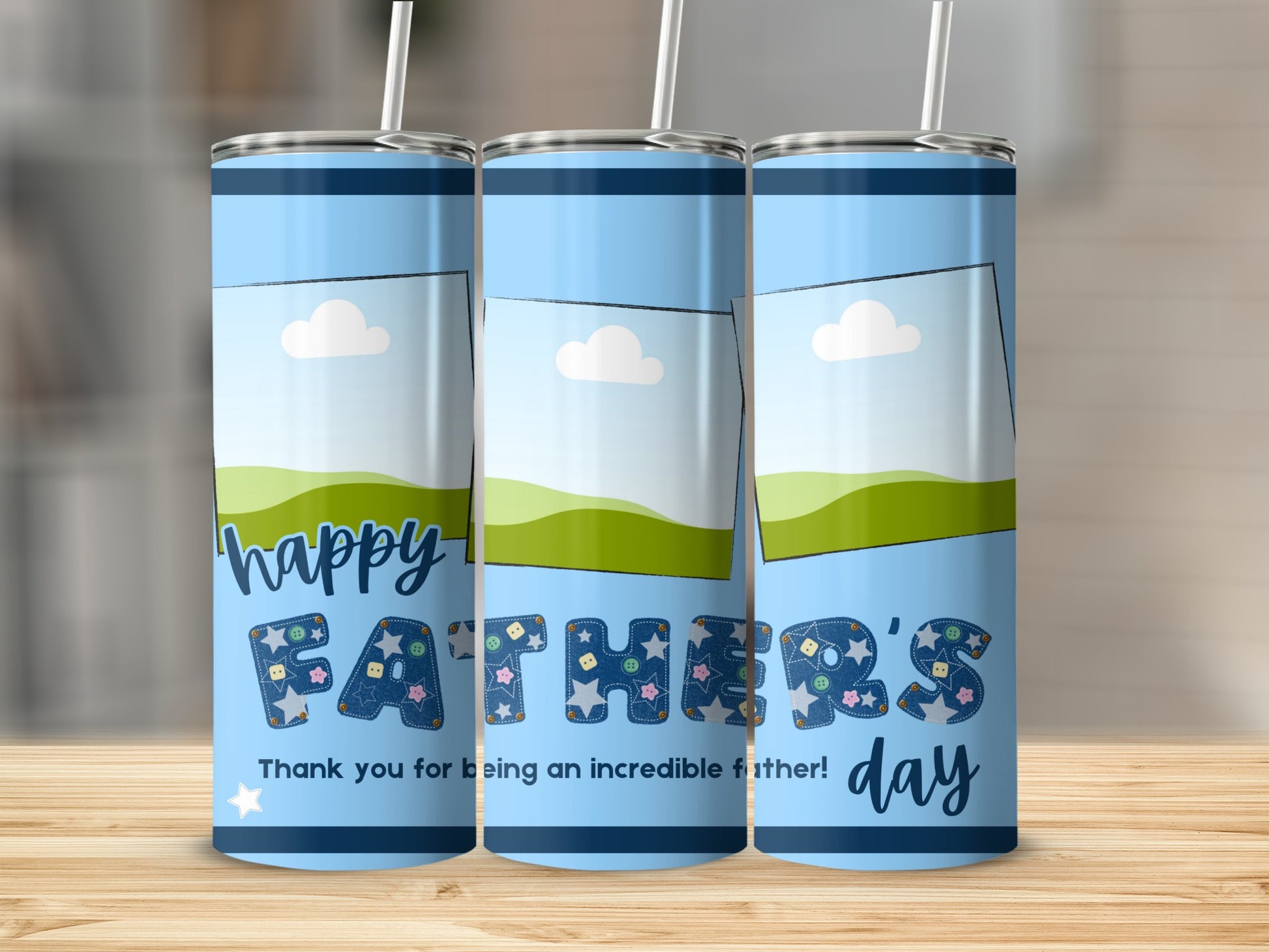 Blue tumblers with "Happy Father's Day" text and photo frames.