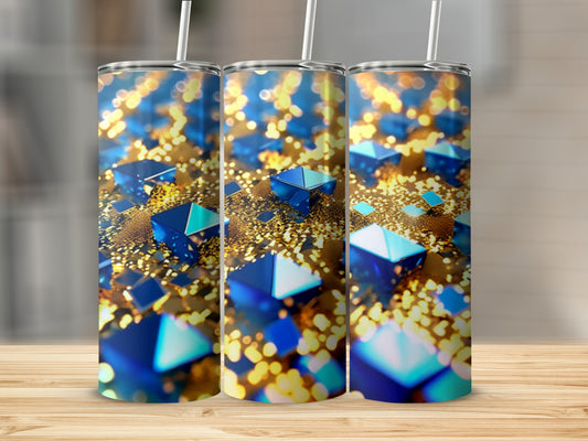 Three tumblers with abstract blue geometric shapes and gold bokeh on a wooden surface.