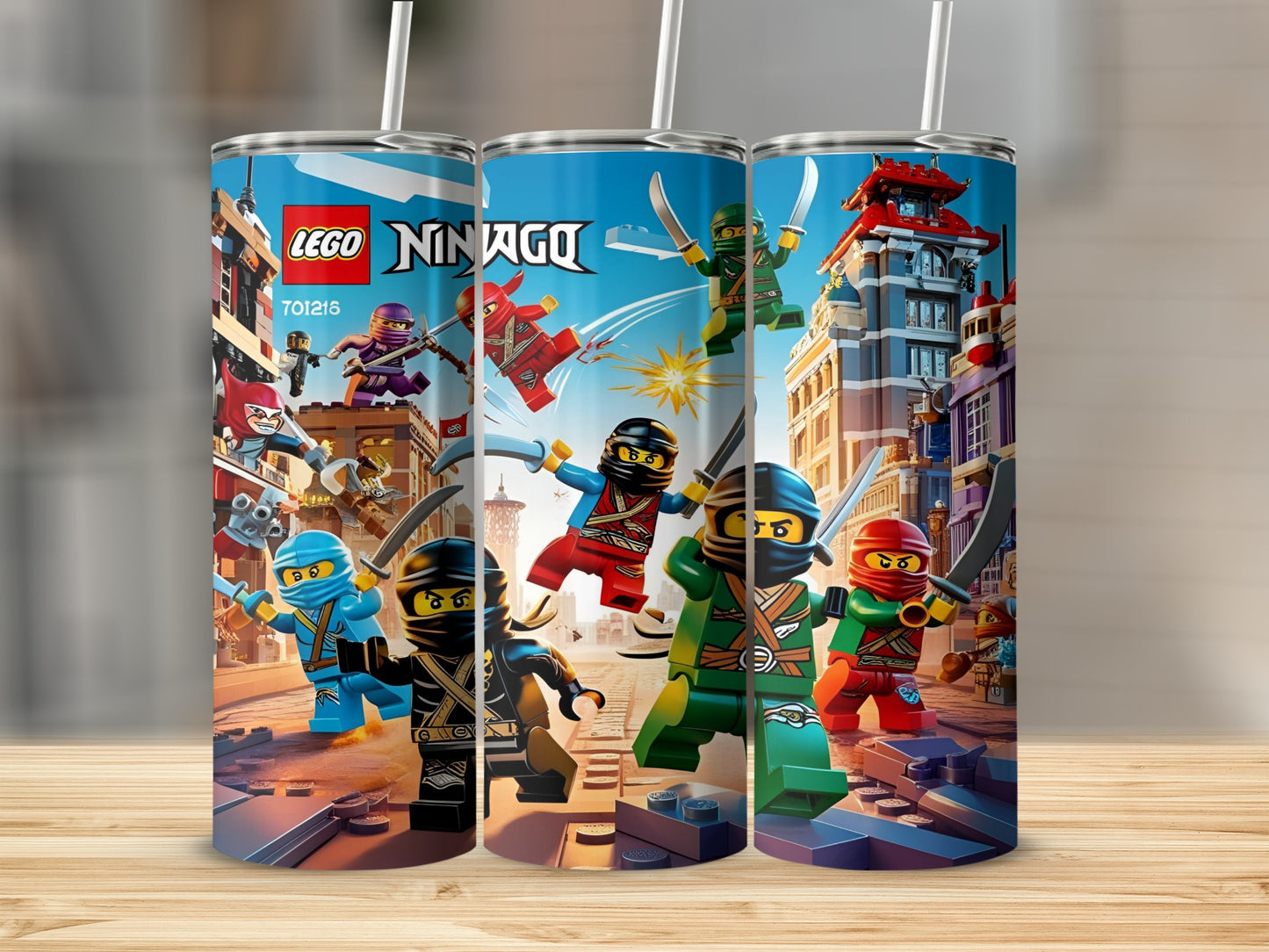 Ninjago Lego characters fighting on cityscape background.