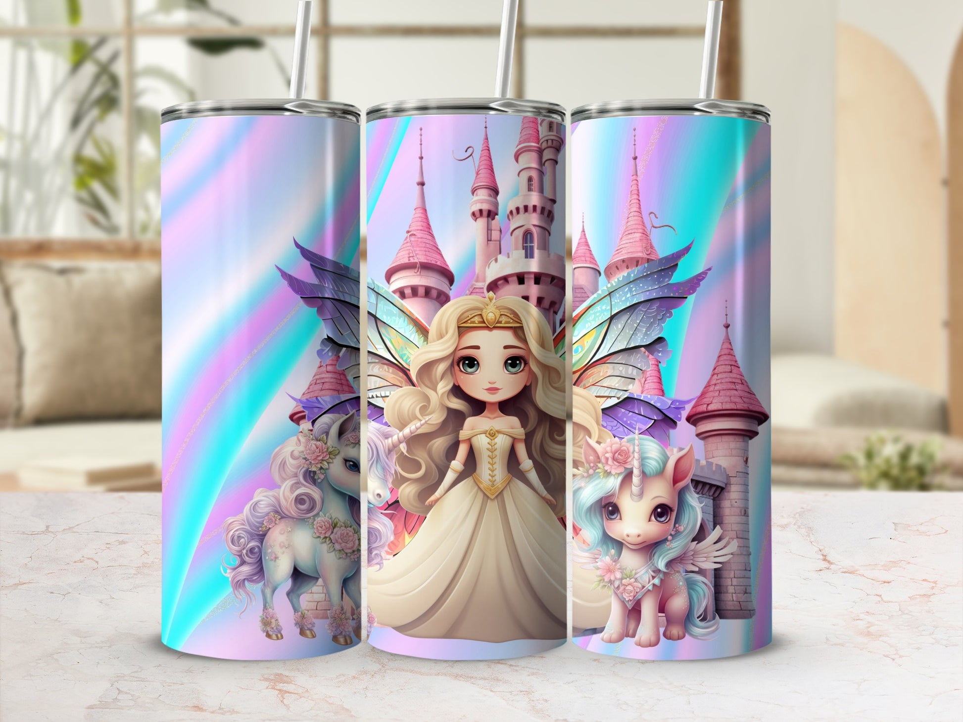 Fantasy Castle Unicorn and Fairy Character Tumbler