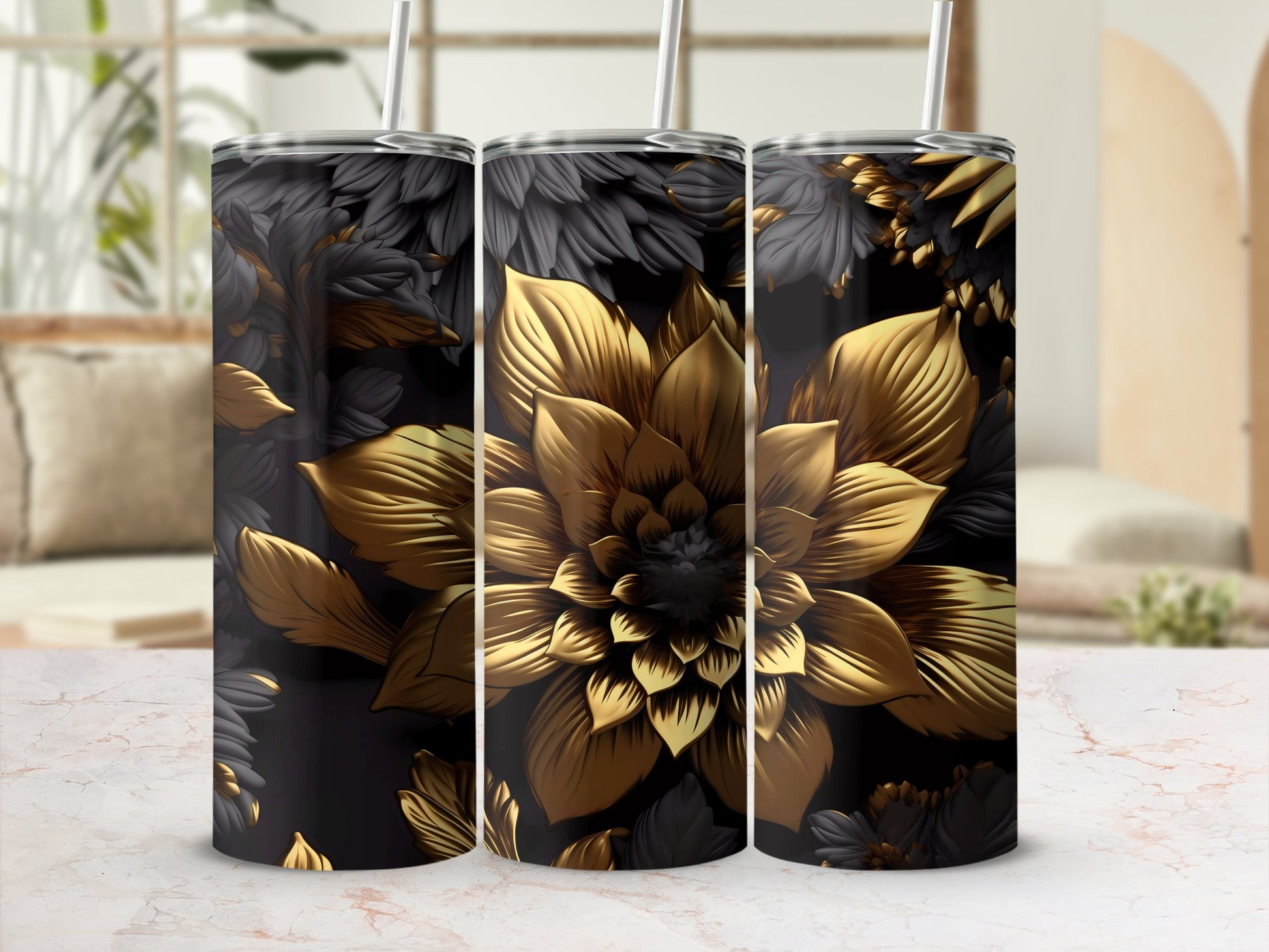 Elegant Black and Gold Floral Tumbler Product