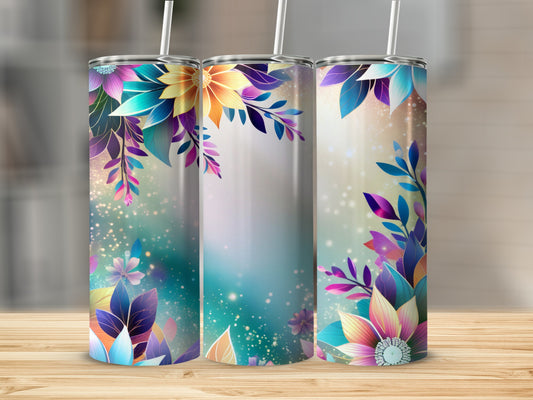 Three tumblers with colorful floral designs displayed on a wooden surface.