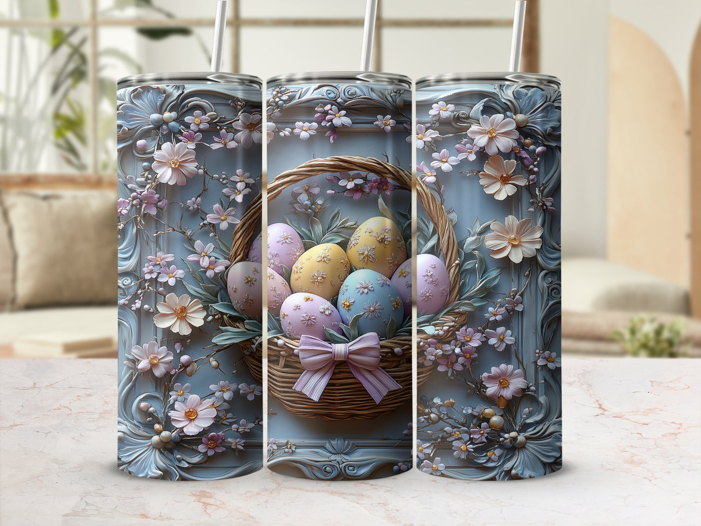 Vintage Easter Floral Tumbler with Eggs and Basket Design