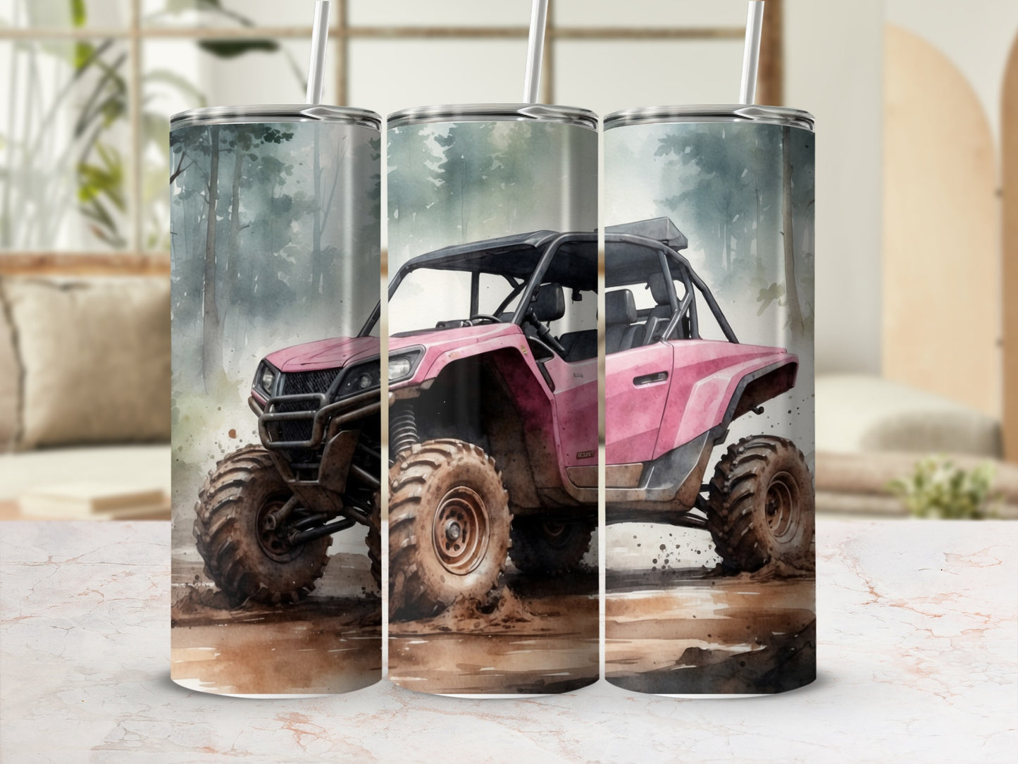 Pink off-road vehicle traversing a muddy trail, watercolor style.