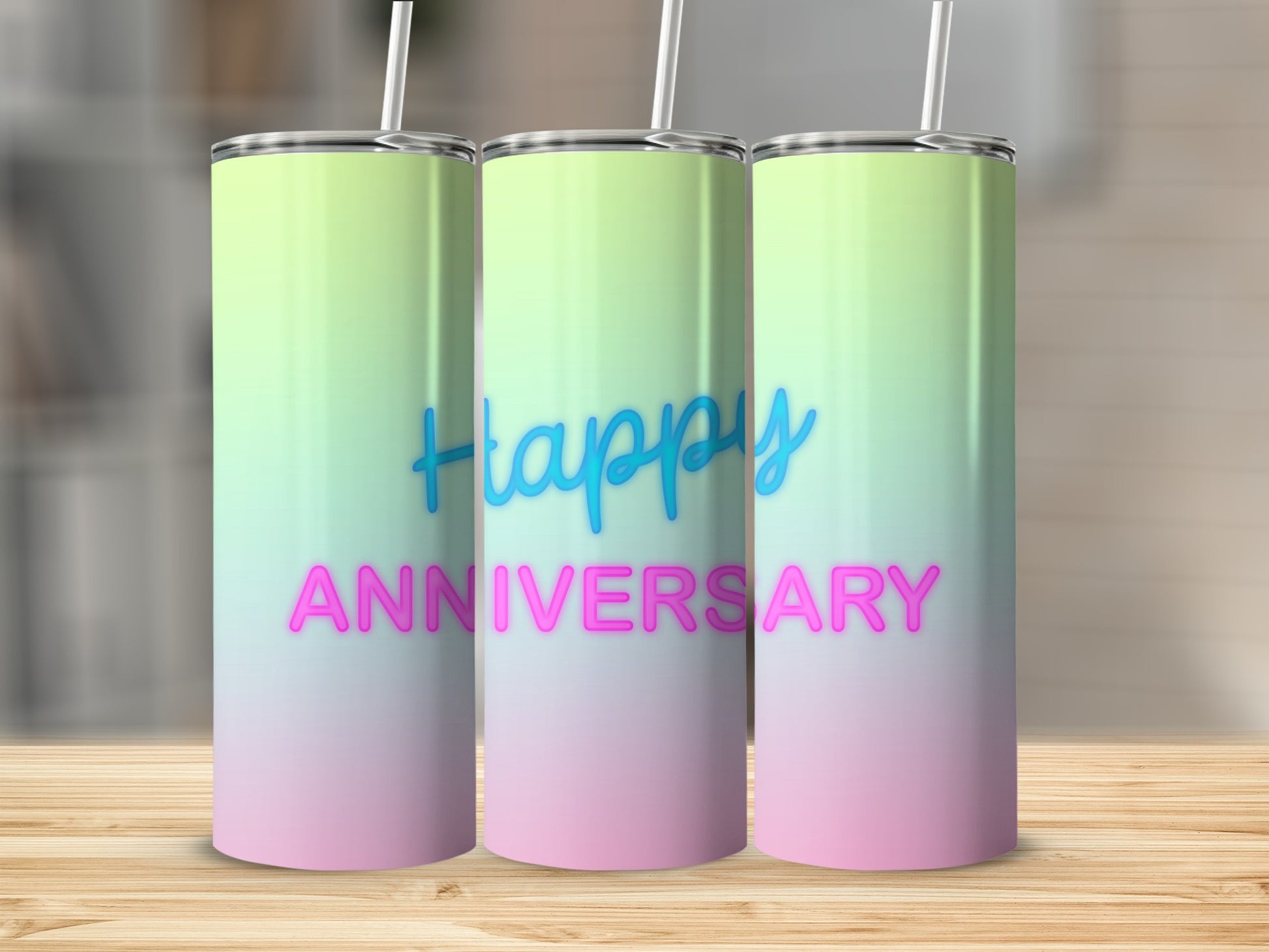 Three tumblers with pastel gradient and text "Happy Anniversary".