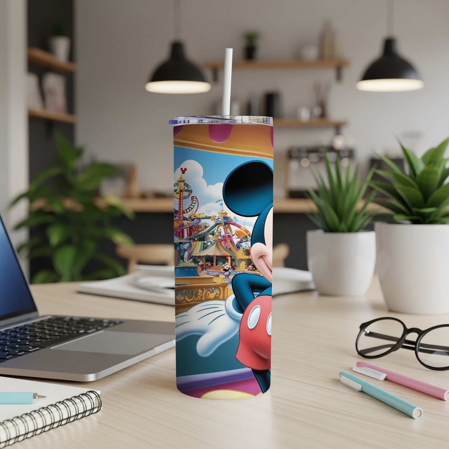 Mickey Mouse at amusement park on a colorful tumbler.