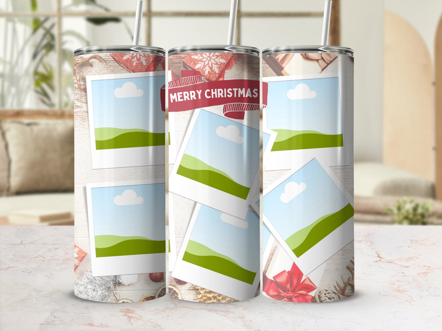 Three tumblers with "Merry Christmas" ribbon and photo frame designs.